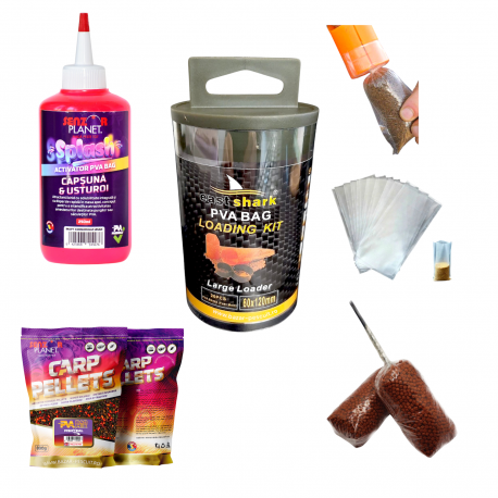 Set pungi solubile PVA nada, incarcator pentru monturi pescuit, activator SPLASH PVA BAG, PVA BAG MIX